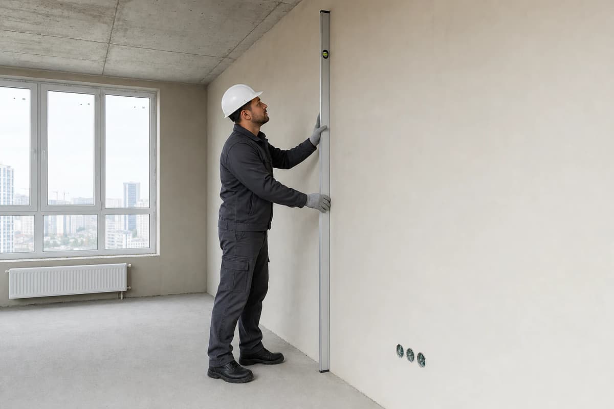 A tradesperson checks a plastered wall with a long spirit level