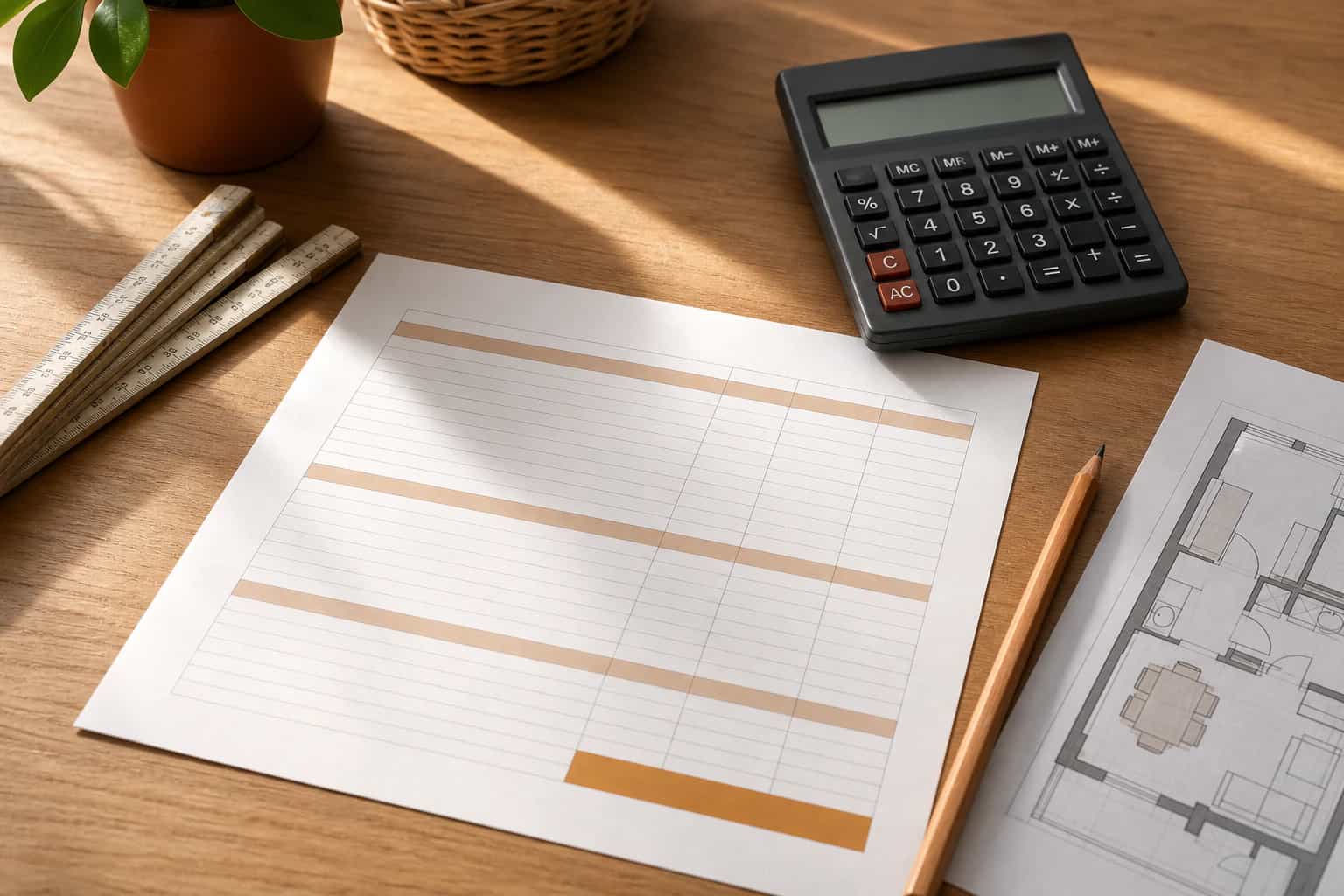 A renovation estimate, apartment plan, calculator and folding ruler