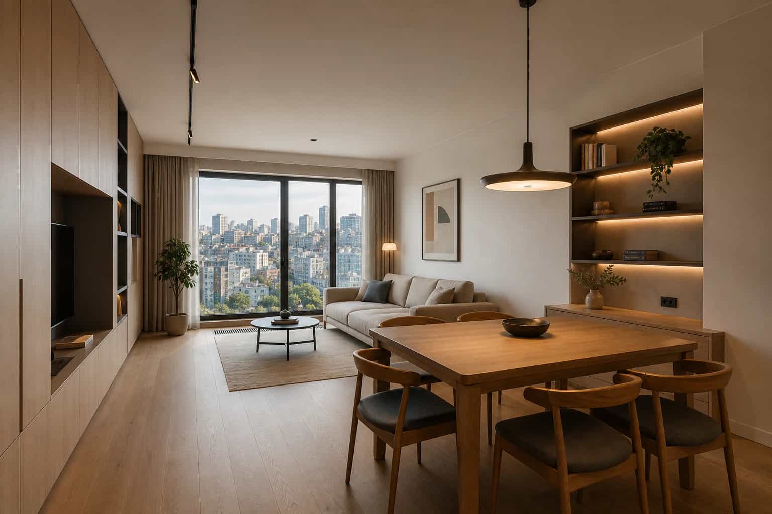 A finished living and dining room after a turnkey apartment renovation in Kyiv