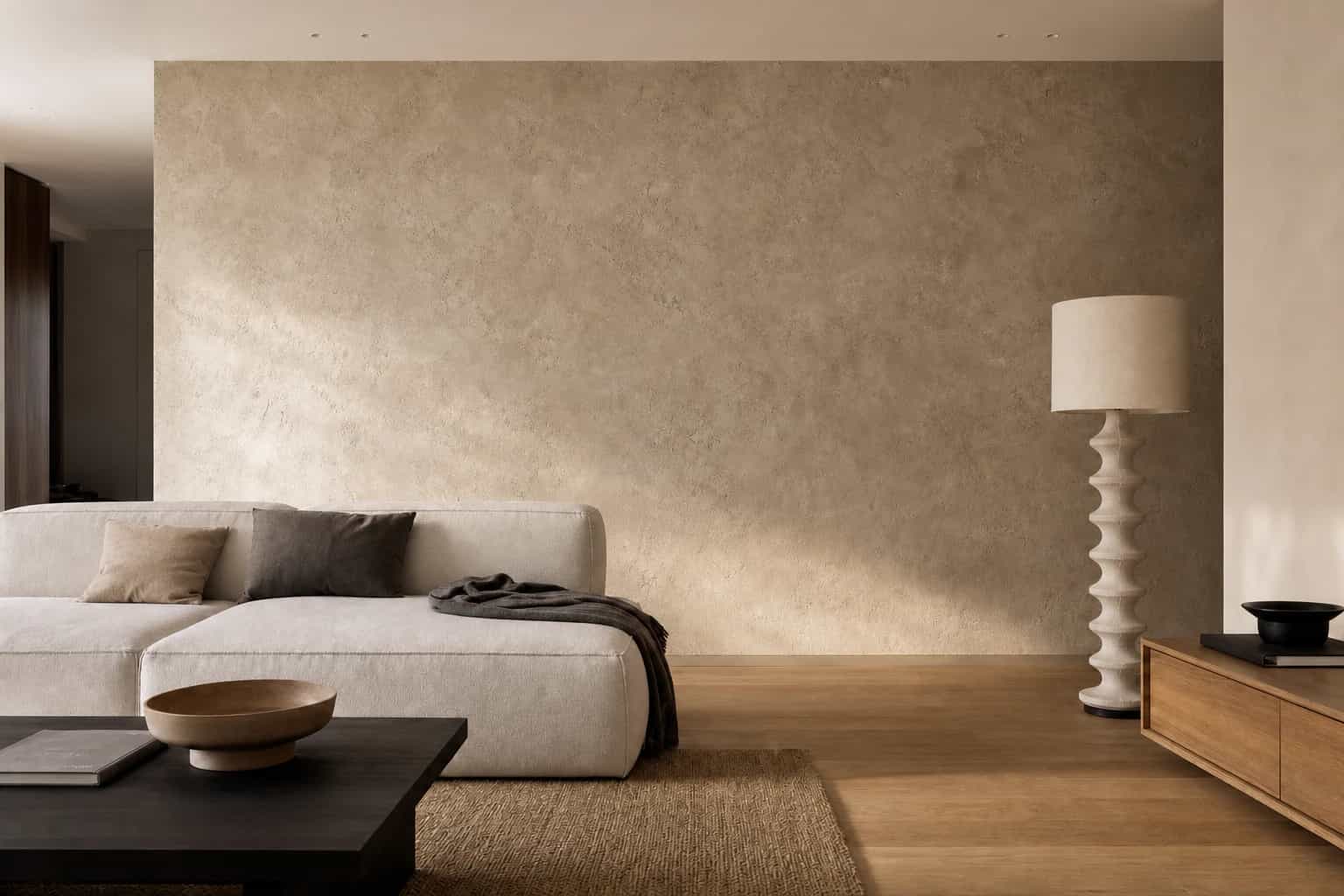 Living room with warm beige travertine-effect decorative plaster
