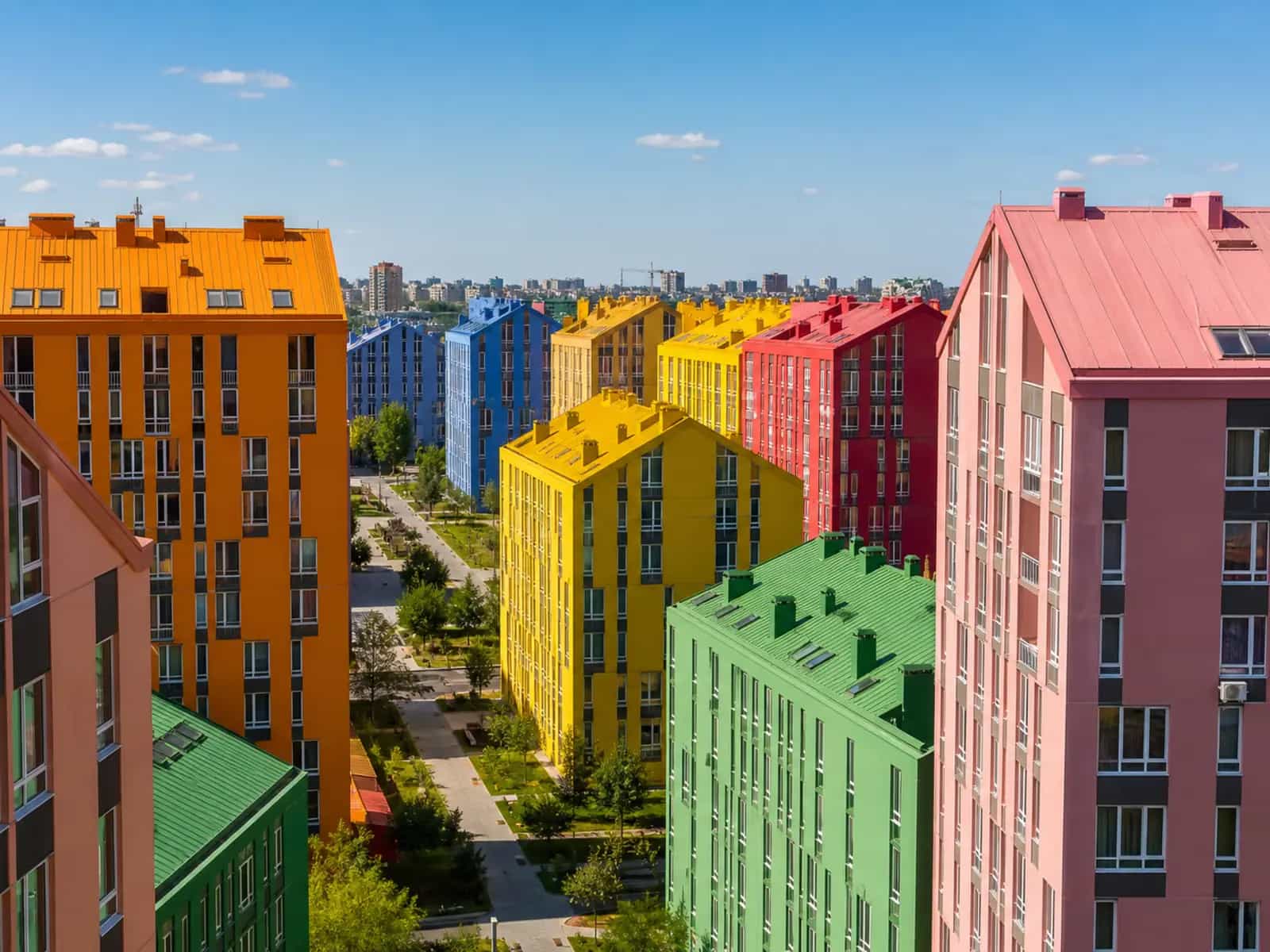 Comfort Town residential complex in Kyiv, colorful buildings